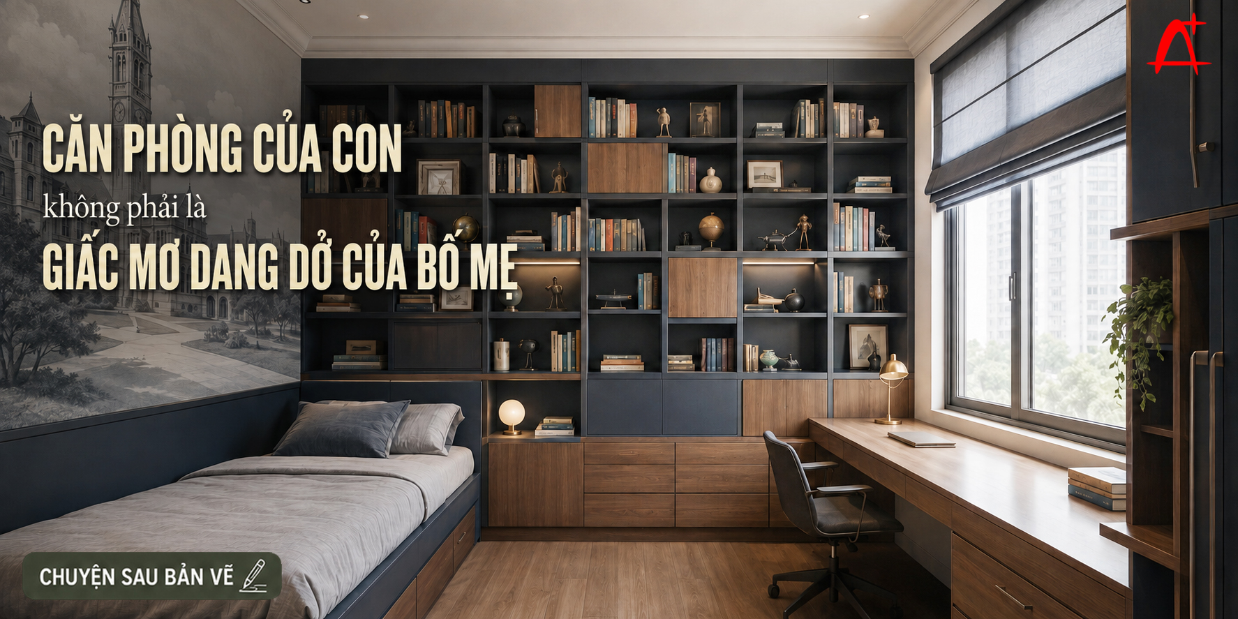 Căn phòng được bố trí nhiều giá sách, bàn học rộng và nội thất đầy đủ, nhưng chưa phù hợp với sở thích và thói quen sinh hoạt của trẻ.